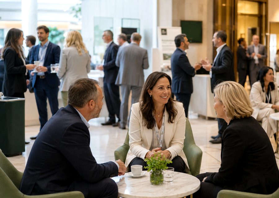 Professionals discussing event space in a lounge